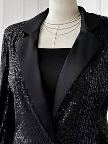 SHEIN EZwear Plus Size Women's Autumn Winter Luxury Style Lapel Collar Fitted Long Sleeve Beaded 2-Piece Suit, Homecoming Dresses, Party Wear - Black - View 9