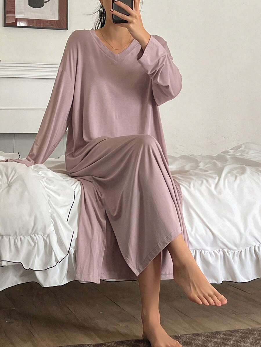 DAZY Đầm ngủ tay dài cổ chữ V màu trơn đơn giản mặc ở nhà - Bụi tím - Xem 1
