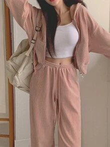 DAZY 2pcs Women Solid Color Drawstring Hoodie And Pants Casual Sports Suit