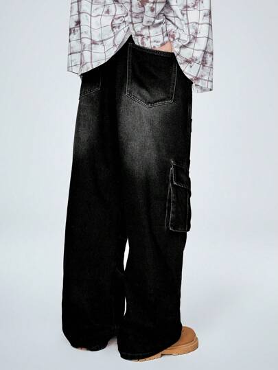 Grunge Punk Men's Grandpacore Front Button Pocket Raw Hemming Simple Denim Jeans, Casual Daily Wear