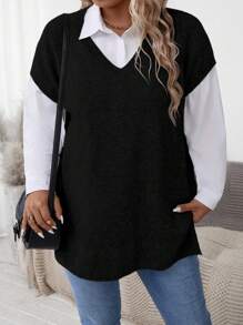 Momelise Atasan Rajut Lengan Raglan Leher V Wanita Ukuran Besar, Warna Polos Kasual, Tidak Termasuk Kemeja Rajut Pullover Musim Gugur Musim Dingin - Hitam - View 3