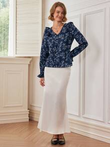 Chiquease Camicetta elegante e casual con scollo a V e stampa floreale, adatta per l'autunno - Blu - Visualizzare 3