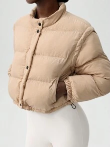 VARSITIE 女士立领长袖宽松短款解构运动棉服外套 - 卡其色 - 查看 4