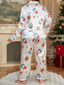 加大码缎面圣诞卡通印花睡衣套装，含长袖上衣和裤子 - 白色 - 查看 2