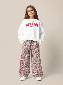 SUMWON Dwuczęściowy zestaw dla dziewcząt Tween Girls Regular Fit New York z nadrukiem i luźnymi spodniami z nadrukiem w panterkę