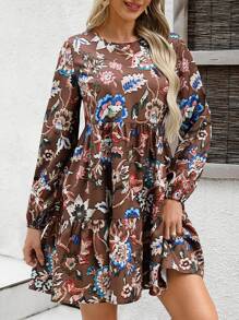 Breezaya Vestido casual corto de manga larga y cuello redondo con estampado total para mujer