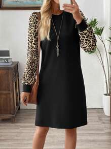 Rusticease Women Leopard Print Patchwork Crew Neck Long Sleeve Straight Casual Midi Dress, Autumn - Multicolor - View 4
