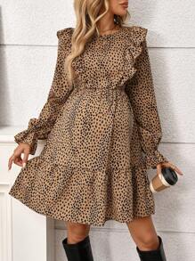 SHEIN Maternity Frenchy All-Over Print Ruffle Trim Flounce Sleeve Nursing Dress, Autumn - Brown - View 6