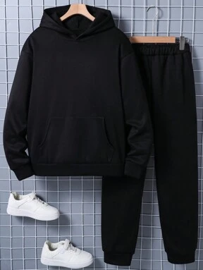 2 Stücke Set: Dicke warme einfarbig schwarze Kapuzenpullover und lässige Sport Jogginghosen mit Bündchen für Teenager Jungen, Outdoor Mode