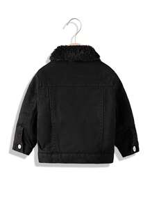 SHEIN Veste en denim doublée thermique mignonne noire à manches longues avec col châle pour bébés garçons, pour les tenues d'intérieur/extérieur des bébés garçons en automne/hiver