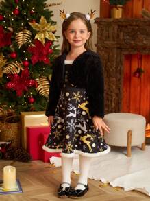 SHEIN 2pcs Girls Christmas Furry Black Deer Print Top & Overall Skirt Set, Autumn/Winter Child