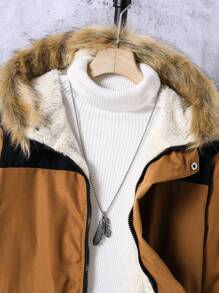 Chaqueta con capucha forrada térmica de manga larga con bloqueo de color y bolsillo utilitario para niño preadolescente, para otoño/invierno