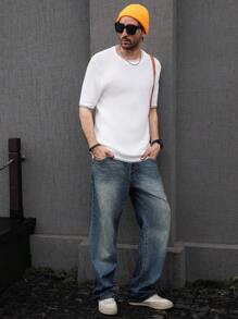 Manfinity Homme Men's Casual Colorblock Trim Short Sleeve Knit Top, Spring/Summer - White - View 6