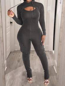Women Solid Color Minimalist Tight Jumpsuit With Hooded - Black - View 3