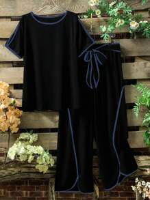 SHEIN LUNE Bộ 2 chiếc/Bộ áo thun cổ tròn tay ngắn màu trơn cỡ lớn và quần thường ngày, thiết kế tối giản - Nhiều màu - Xem 1
