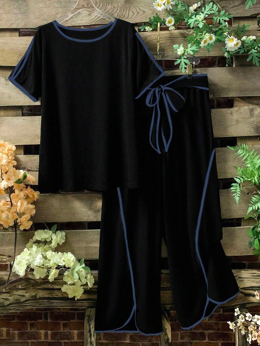 SHEIN LUNE Bộ 2 chiếc/Bộ áo thun cổ tròn tay ngắn màu trơn cỡ lớn và quần thường ngày, thiết kế tối giản - Nhiều màu - Xem 1