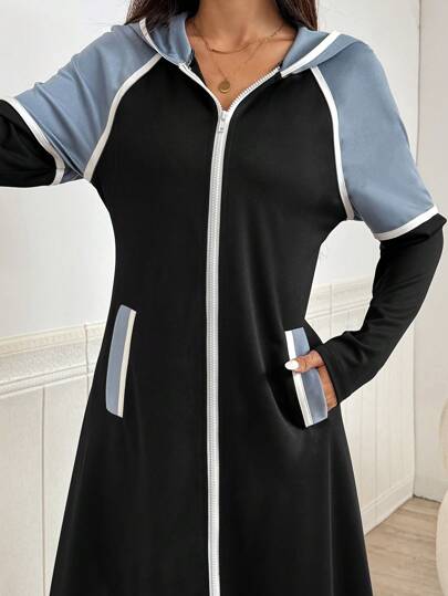 Solavon Women's Casual Contrast Piping Slant Pocket Zipper Front Hooded Arabian Modest Long Sleeve Dress Sporty Dresshooded Dress