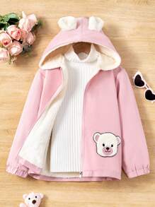 SHEIN 女童可爱卡通熊图案拉链立领毛绒连帽夹克，适合秋冬季 - 粉色 - 查看 1
