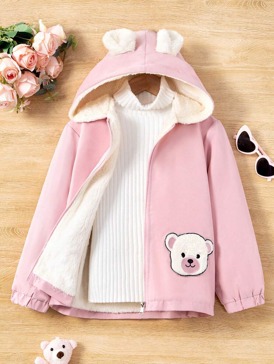 SHEIN 女童可爱卡通熊图案拉链立领毛绒连帽夹克，适合秋冬季 - 粉色 - 查看 1