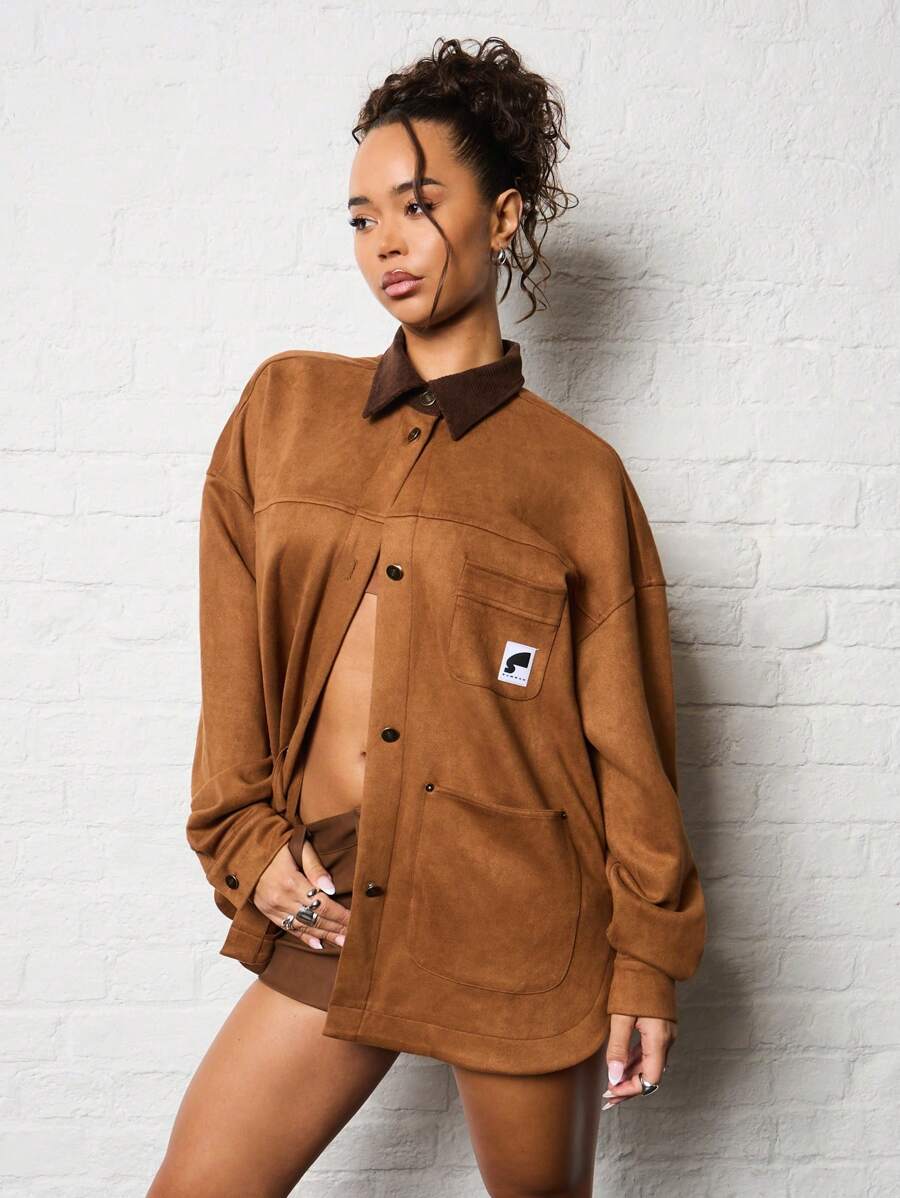 SUMWON WOMEN Suede Workwear Utility Jacket With Contrast Collar Retro Style Fall Winter Casual Outerwear Patch Pockets Chunky Buttons Oversized