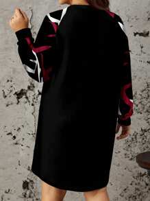 EMERY ROSE Plus Size Vrouwen Geometrisch Patroon Elegante Raglan Mouw Knielange Jurk, Geschikt Voor Herfst/Winter