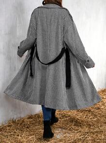 Abrigo informal de talla grande con rayas y doble botonadura, con contraste de colores, para otoño/invierno - Gris - Ver 2