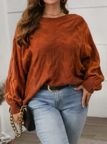SHEIN LUNE Plus Size Solid Color Boat Neck Casual Long Sleeve Pullover Sweater Knit Pullover Fall Winter - Coffee Brown - View 4