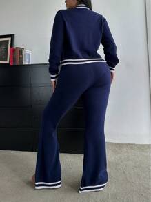 Flirla Plus Size Women 2pcs/Set Striped Double Zipper Cardigan And Pants Sweater Outfit For Autumn, For Winter Fall Cloth For Women - Navy Blue - View 2