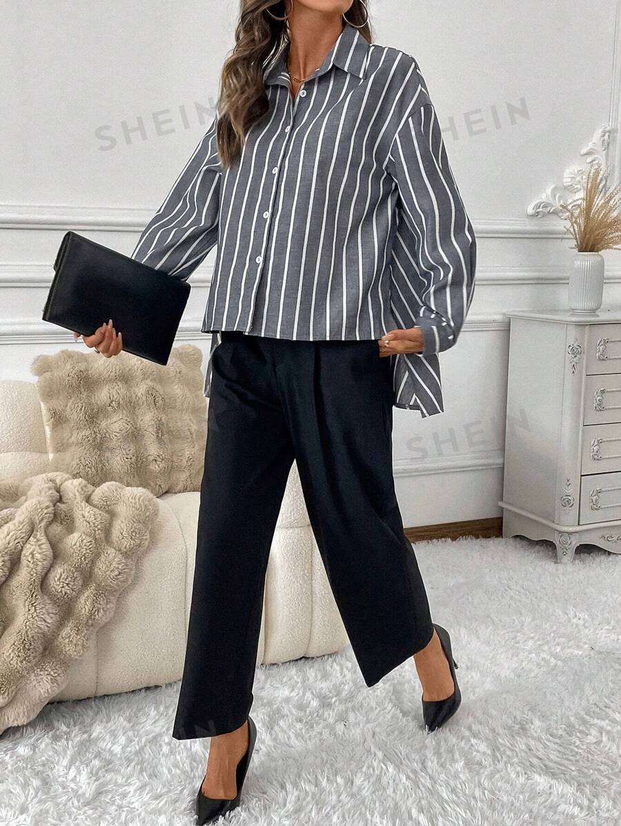 SHEIN LUNE Femei Office Business Casual Bluză cu mânecă lungă în dungi, Toamnă - Gri - Vizualizare 1