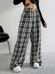 SHEIN EZwear 格纹印花松紧腰休闲宽松裤 - 黑與白 - 查看 3