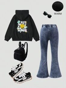 Bộ 2 áo hoodie nỉ thời trang đường phố cho bé gái và quần ống loe co giãn bó sát, trang phục hợp thời trang thường ngày - màu đen - Xem 1