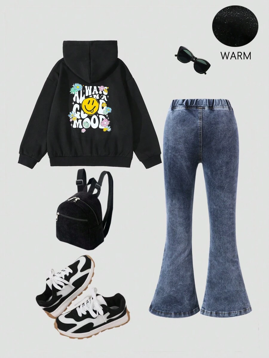 Bộ 2 áo hoodie nỉ thời trang đường phố cho bé gái và quần ống loe co giãn bó sát, trang phục hợp thời trang thường ngày - màu đen - Xem 1