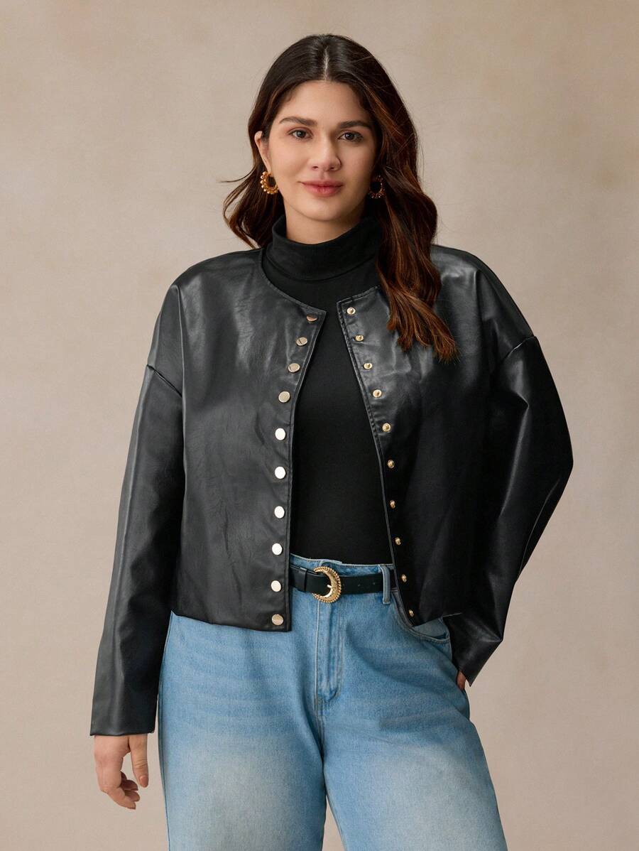 Elaquor Plus Size Casual Cool Drop Shoulder Loose Single-Breasted Cropped PU Leather Jacket - Black - View 1
