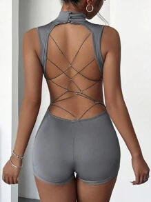 SHEIN SXY Sexy effenkleurige rompertjes met opstaande kraag en rugloze pasvorm voor dames in de zomer