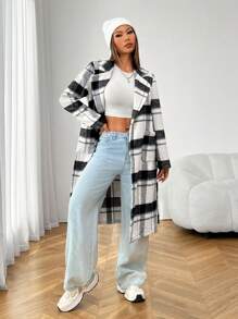 SHEIN PETITE Autumn And Winter Black And White Plaid Mid-Length Fitted Woolen Jacket