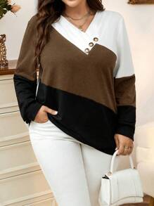 SHEIN LUNE 大码女式撞色拼布 V 领长袖休闲运动衫，适合秋季