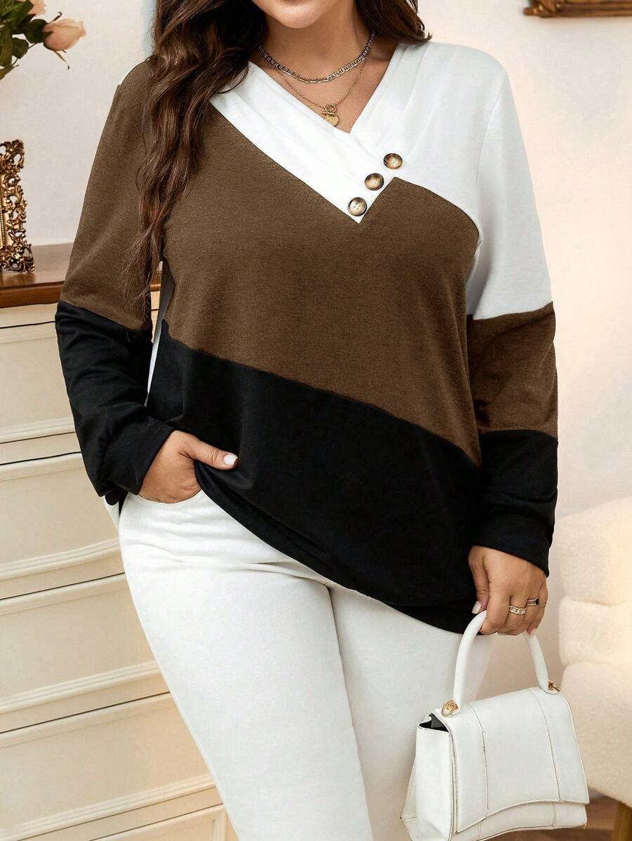 SHEIN LUNE 大码女式撞色拼布 V 领长袖休闲运动衫，适合秋季