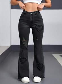 SHEIN EZwear 女式休闲做旧心形细节原始下摆喇叭牛仔裤 - 深灰色 - 查看 1