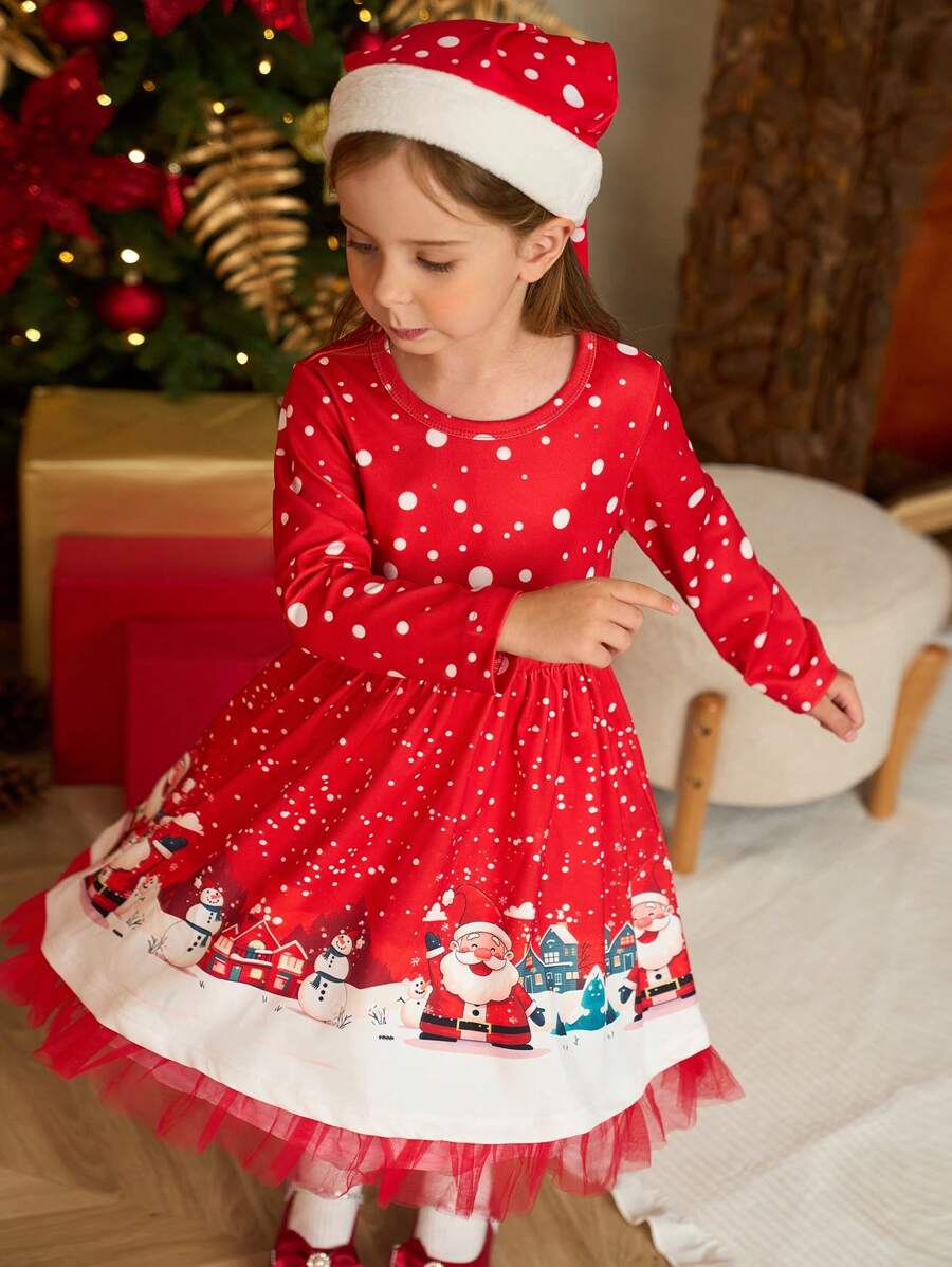 SHEIN Christmas Young Girls Dress - Young Girls Christmas Dress With Knitted Jacquard Print Design, Red Mesh Inserted Hem And Matching Hat, Great For Little Adventurers To Showcase Confidence And Style On Holiday Occasions - Red - View 1