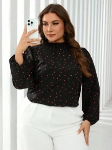 SHEIN Clasi Plus Size Women's Elegant Heart Embroidery Ruffle Collar Long Sleeve Shirt, Suitable For Christmas & Winter - Green - View 4