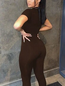 女士休闲修身短袖连体裤，街头风及日常穿着，优雅百搭 - 咖啡棕 - 查看 2