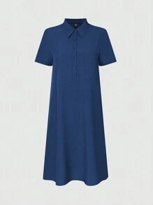 SHEIN Unity Váy ngắn tay mùa hè màu đơn giản thường ngày dành cho nữ - Xanh đậm - Xem 3