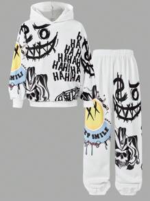SHEIN Tween Girls 2 件套：涂鸦印花连帽衫和抽绳腰裤，休闲且适合万圣节、春季和秋季 - 白色 - 查看 7