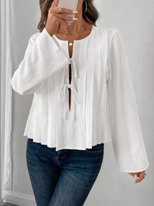SHEIN LUNE Women's Bow Tie Pleated A-Line Bell Sleeve Casual/Office Blouse, Elegant For Autumn/Winter