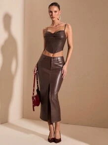 SHEIN BAE Falda de piel sintética marrón, falda larga con abertura elegante para otoño, falda larga elegante de Halloween para mujeres - Marrón Mocha - Ver 3
