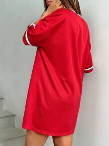 SHEIN EZwear Casual Sports Game Letter & Number Graphic Red Loose V-Neck Short Sleeve T-Shirt Dress For Summer