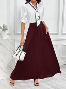 SHEIN Essnce 女士纯色高腰简约 A 字裙，休闲日常穿着 - 酒紅色 - 查看 5