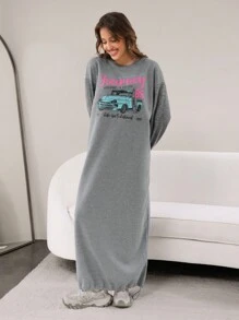 Mulvari Váy dài tay giản dị in khẩu hiệu cho nữ, có dây rút, viền váy, thích hợp cho mùa thu/đông - Xám - Xem 3