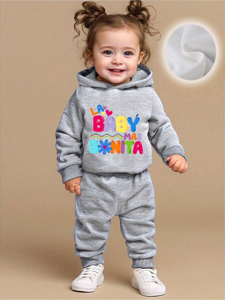 女婴趣味彩色字母印花羊毛连帽衫和裤子套装，休闲时尚，适合秋冬季 - 灰色 - 查看 1