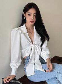 DAZY 1pc Solid Color Fitted Tie Sleeve Ladies Blouse,Fall Clothes Long Sleeve Top - White - View 6